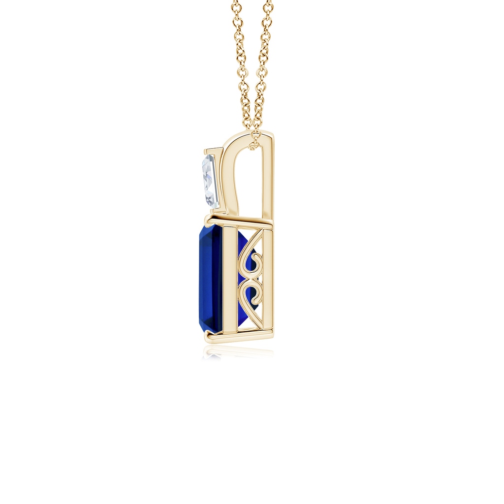9x7mm Labgrown Lab-Grown Emerald-Cut Blue Sapphire Pendant with Lab Baguette Diamond in Yellow Gold Side 199