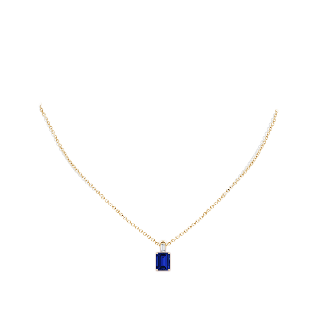9x7mm Labgrown Lab-Grown Emerald-Cut Blue Sapphire Pendant with Lab Baguette Diamond in Yellow Gold pen