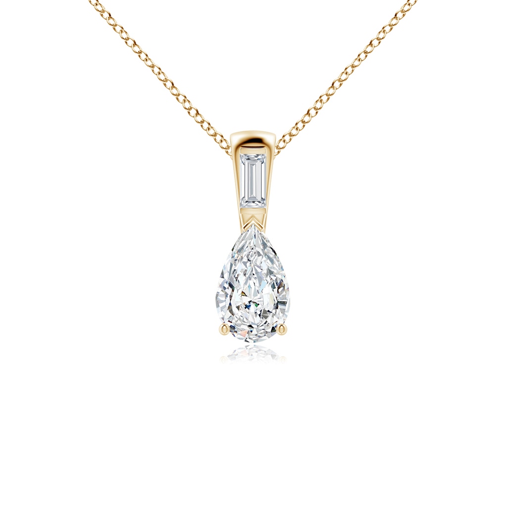 9x5.5mm FGVS Lab-Grown Pear Diamond Pendant with Baguette Accent in Yellow Gold