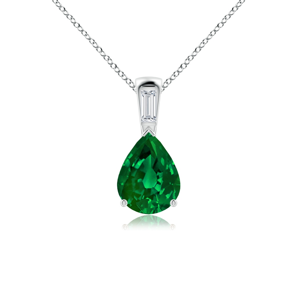 10x8mm Labgrown Pear Lab-Grown Emerald Pendant with Baguette Diamond in 18K White Gold