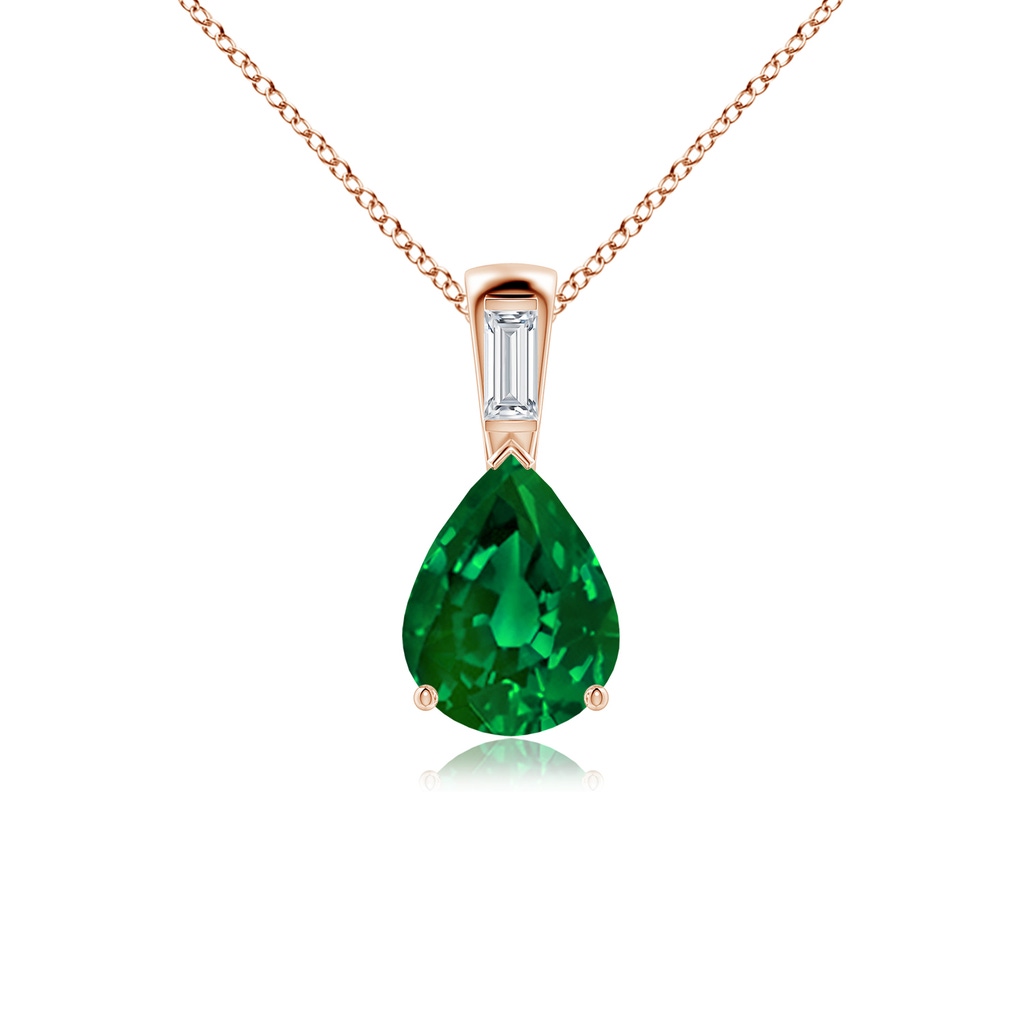 10x8mm Labgrown Pear Lab-Grown Emerald Pendant with Baguette Diamond in Rose Gold
