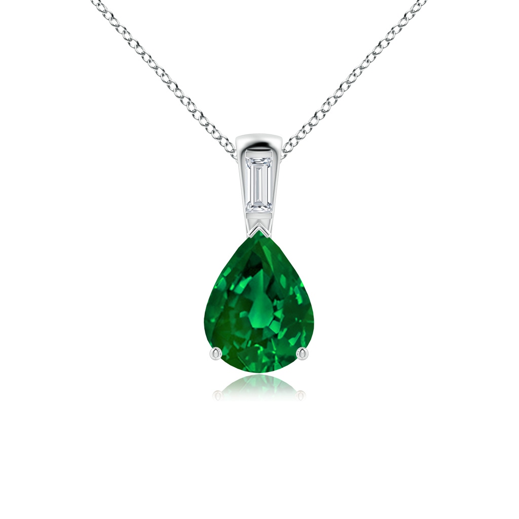 10x8mm Labgrown Lab-Grown Pear Emerald Pendant with Lab Baguette Diamond in White Gold
