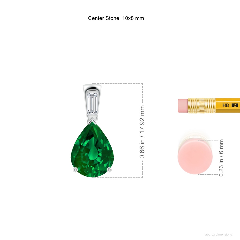 10x8mm Labgrown Pear Lab-Grown Emerald Pendant with Baguette Diamond in White Gold ruler