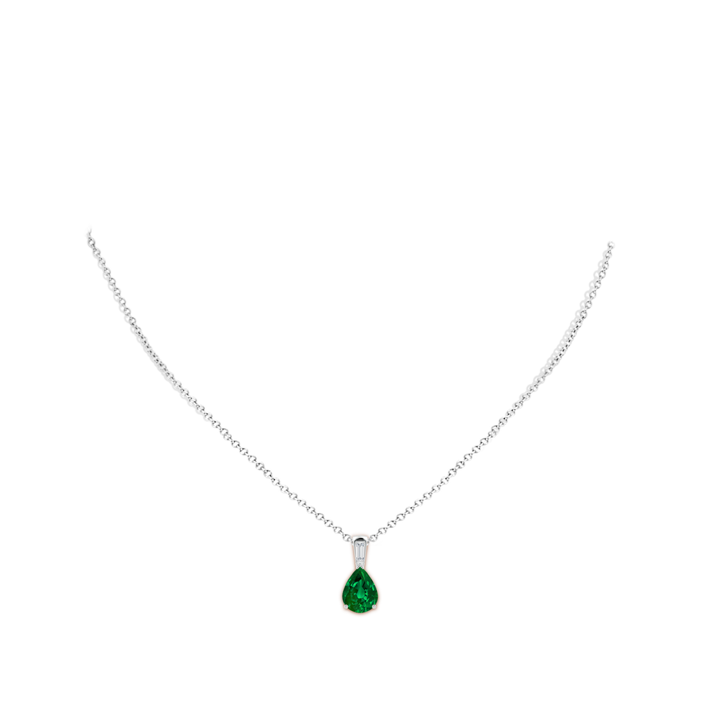 10x8mm Labgrown Lab-Grown Pear Emerald Pendant with Lab Baguette Diamond in White Gold pen