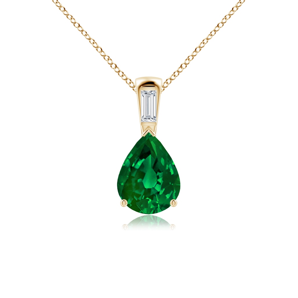 10x8mm Labgrown Pear Lab-Grown Emerald Pendant with Baguette Diamond in Yellow Gold