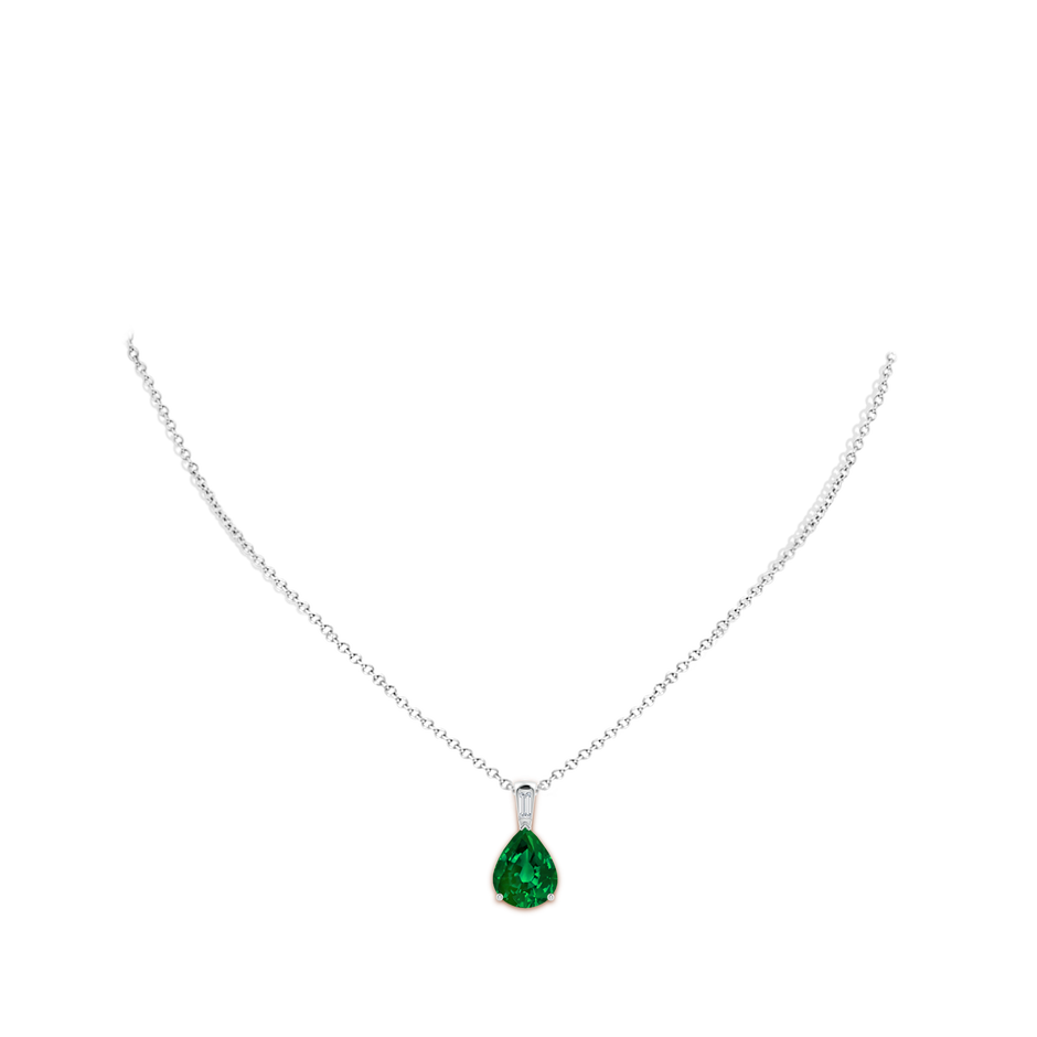 12x10mm Labgrown Pear Lab-Grown Emerald Pendant with Baguette Diamond in 18K White Gold pen
