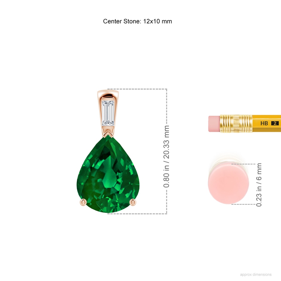 12x10mm Labgrown Pear Lab-Grown Emerald Pendant with Baguette Diamond in Rose Gold ruler