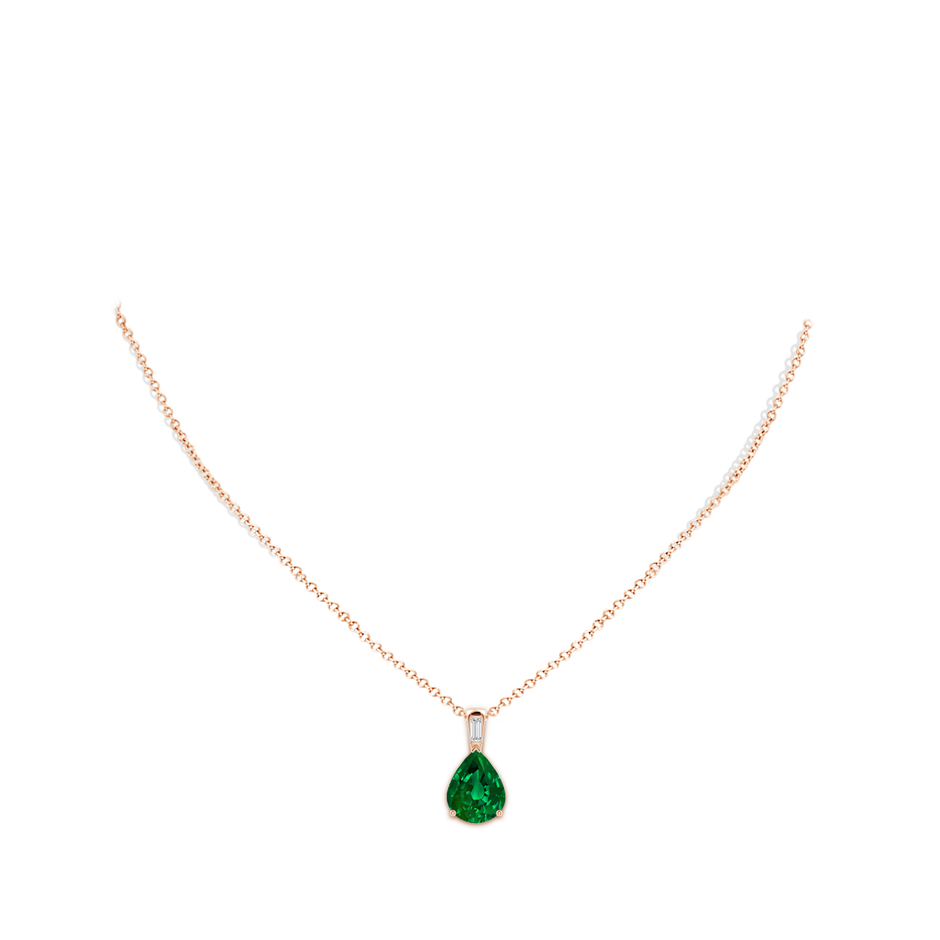 12x10mm Labgrown Pear Lab-Grown Emerald Pendant with Baguette Diamond in Rose Gold pen