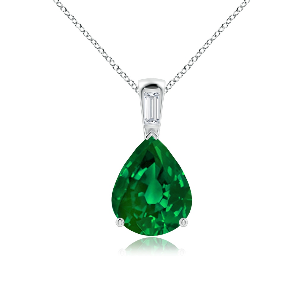 12x10mm Labgrown Lab-Grown Pear Emerald Pendant with Lab Baguette Diamond in White Gold 