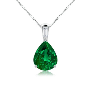 12x10mm Labgrown Lab-Grown Pear Emerald Pendant with Lab Baguette Diamond in White Gold