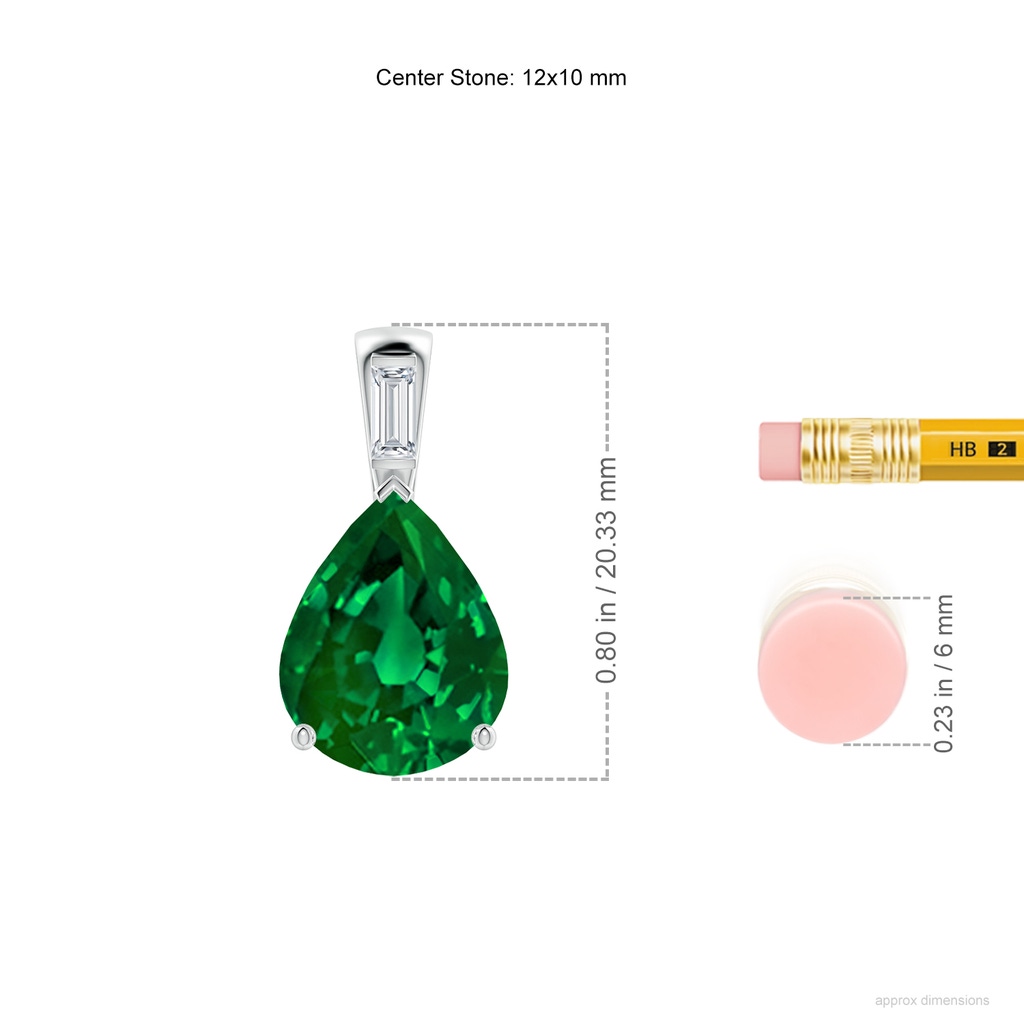12x10mm Labgrown Lab-Grown Pear Emerald Pendant with Lab Baguette Diamond in White Gold ruler