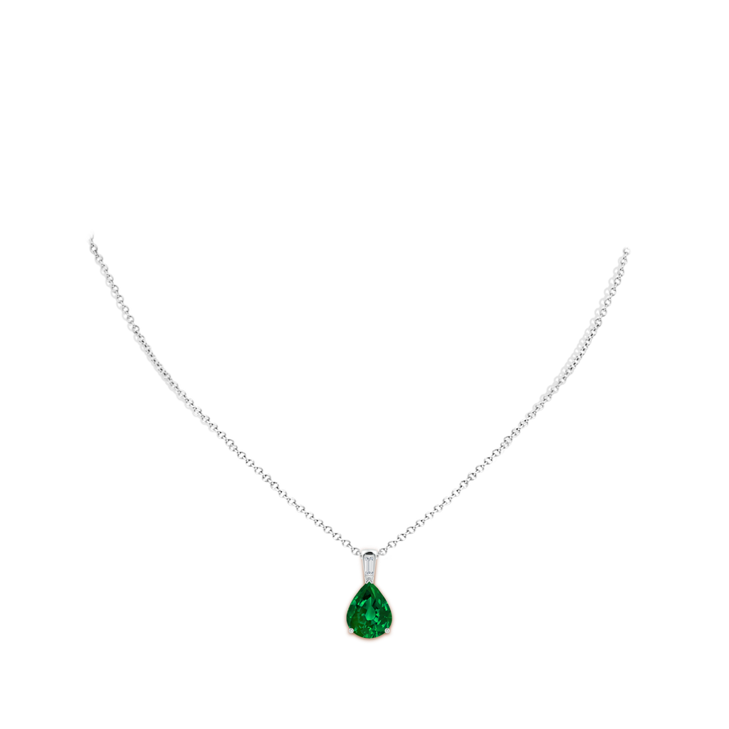 12x10mm Labgrown Lab-Grown Pear Emerald Pendant with Lab Baguette Diamond in White Gold pen