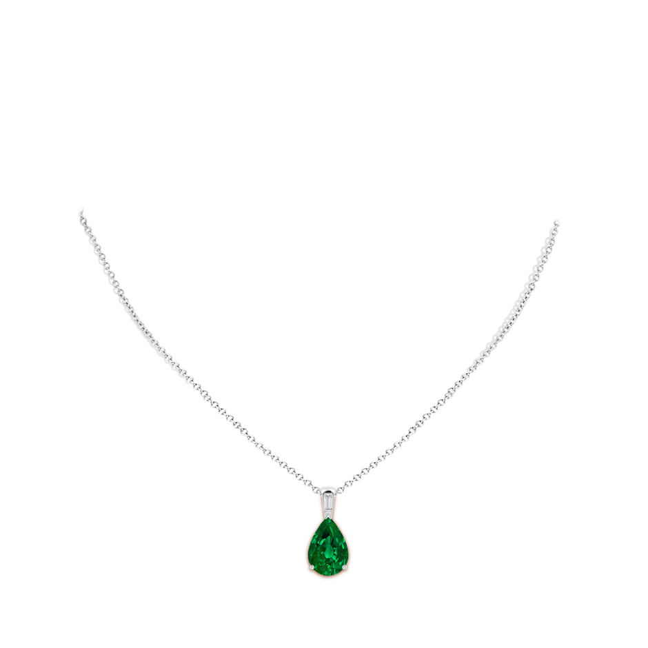 14x10mm Labgrown Pear Lab-Grown Emerald Pendant with Baguette Diamond in 18K White Gold pen