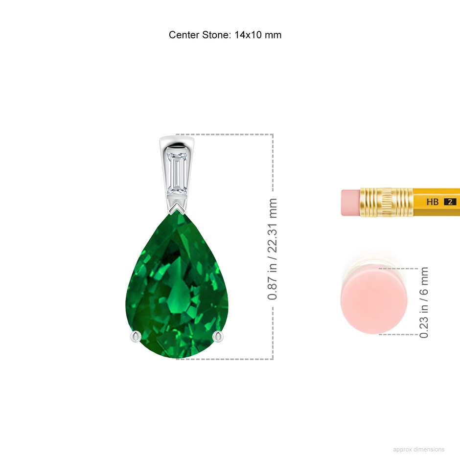14x10mm Labgrown Pear Lab-Grown Emerald Pendant with Baguette Diamond in White Gold ruler