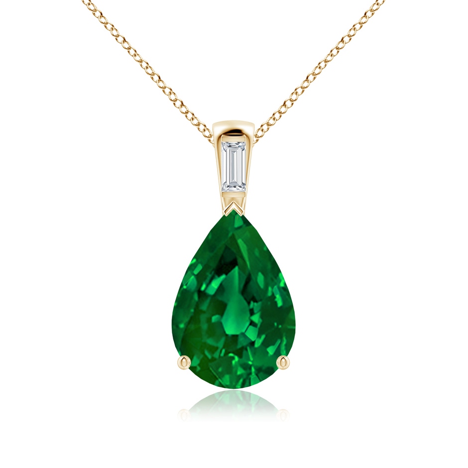 14x10mm Labgrown Pear Lab-Grown Emerald Pendant with Baguette Diamond in Yellow Gold 