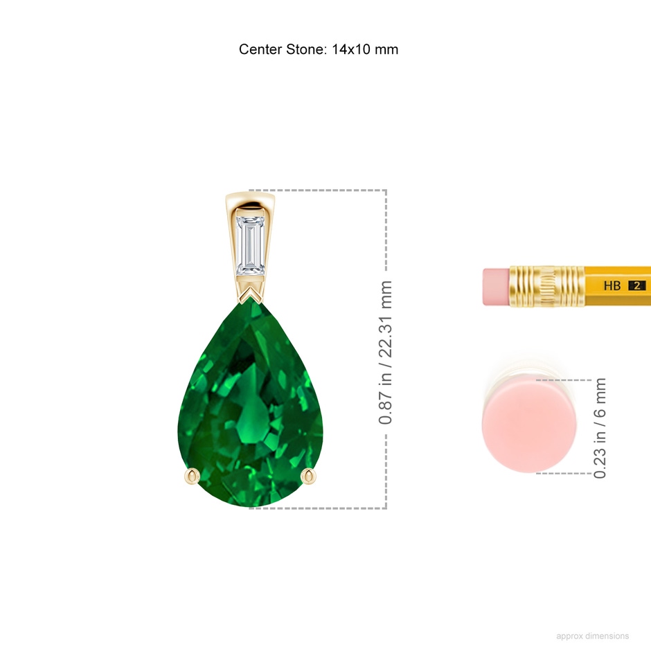 14x10mm Labgrown Pear Lab-Grown Emerald Pendant with Baguette Diamond in Yellow Gold ruler