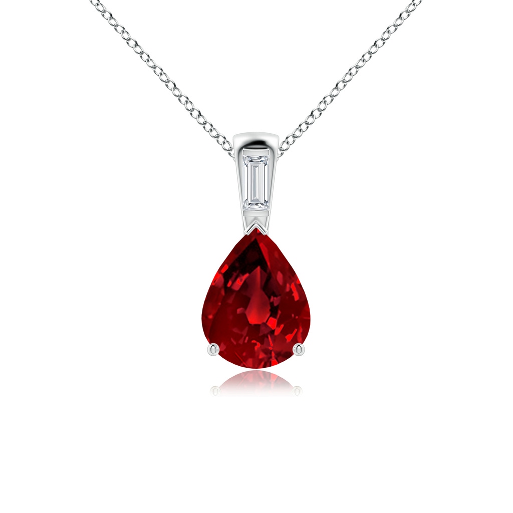 10x8mm Labgrown Lab-Grown Pear Ruby Pendant with Lab Baguette Diamond in White Gold