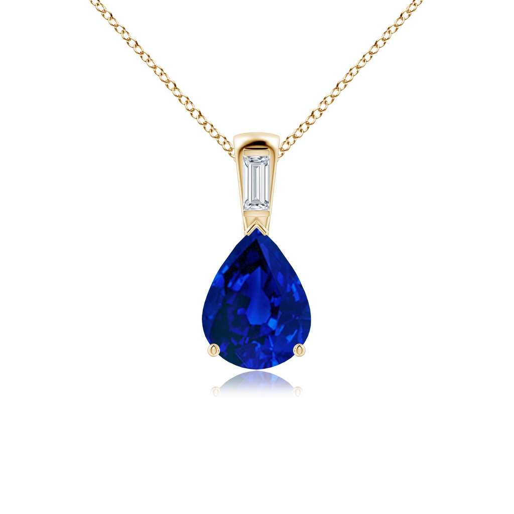 10x8mm Labgrown Lab-Grown Pear Blue Sapphire Pendant with Lab Baguette Diamond in Yellow Gold