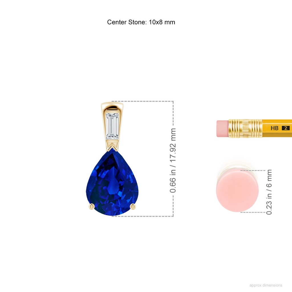 10x8mm Labgrown Lab-Grown Pear Blue Sapphire Pendant with Lab Baguette Diamond in Yellow Gold ruler