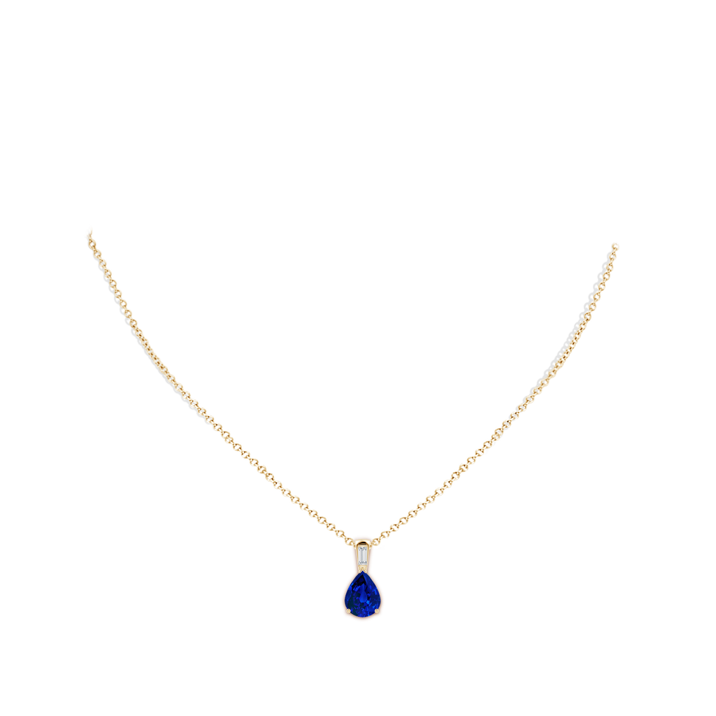 10x8mm Labgrown Lab-Grown Pear Blue Sapphire Pendant with Lab Baguette Diamond in Yellow Gold pen