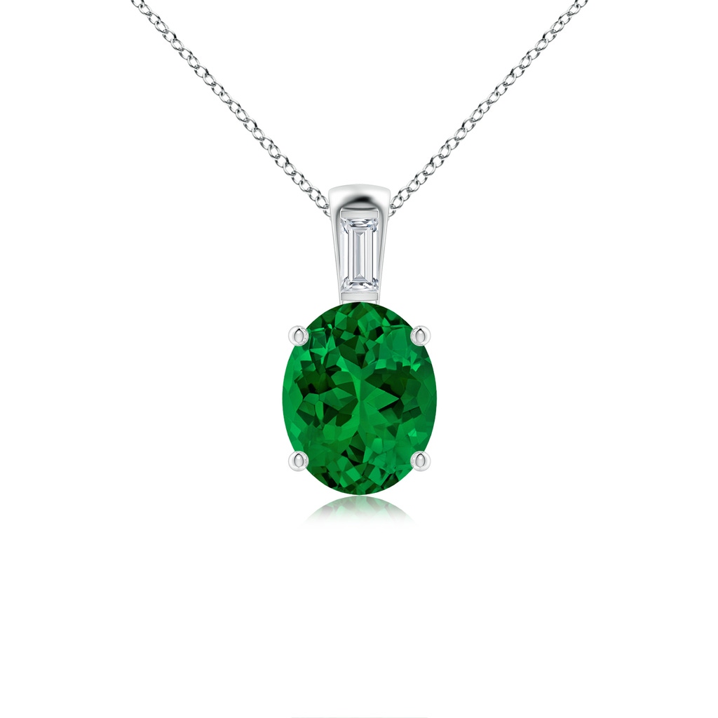 10x8mm Labgrown Lab-Grown Oval Emerald Pendant with Lab Baguette Diamond in 18K White Gold