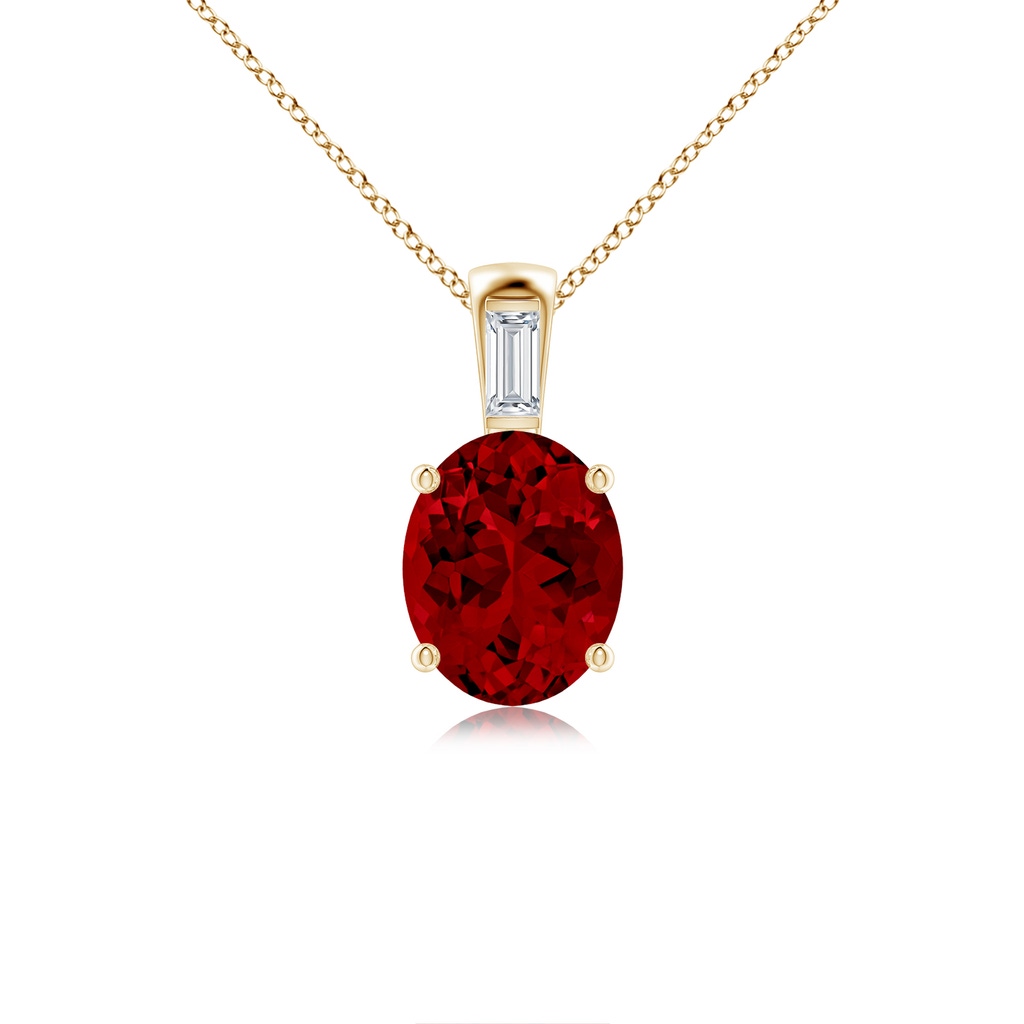 10x8mm Labgrown Lab-Grown Oval Ruby Pendant with Lab Baguette Diamond in Yellow Gold