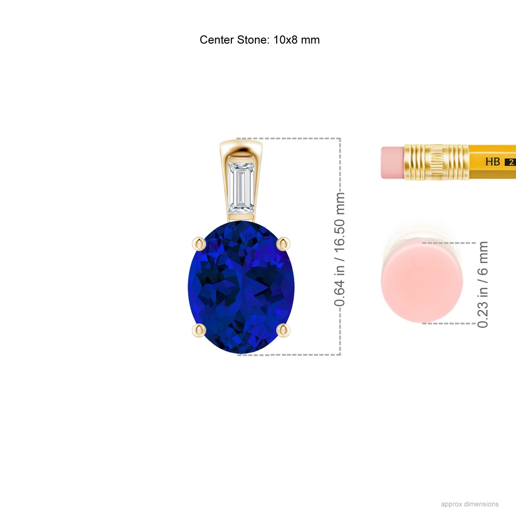 10x8mm Labgrown Lab-Grown Oval Blue Sapphire Pendant with Lab Baguette Diamond in Yellow Gold ruler