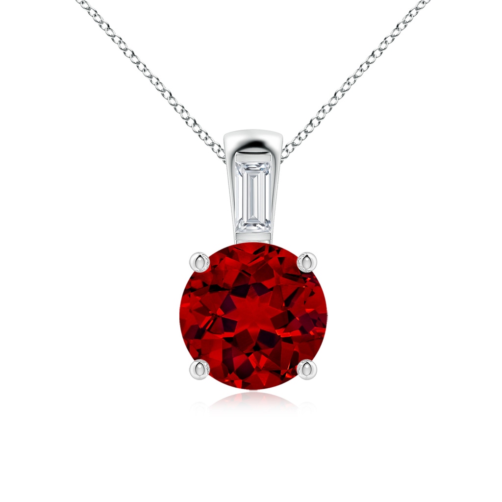 8mm Labgrown Lab-Grown Round Ruby Pendant with Lab Baguette Diamond in White Gold