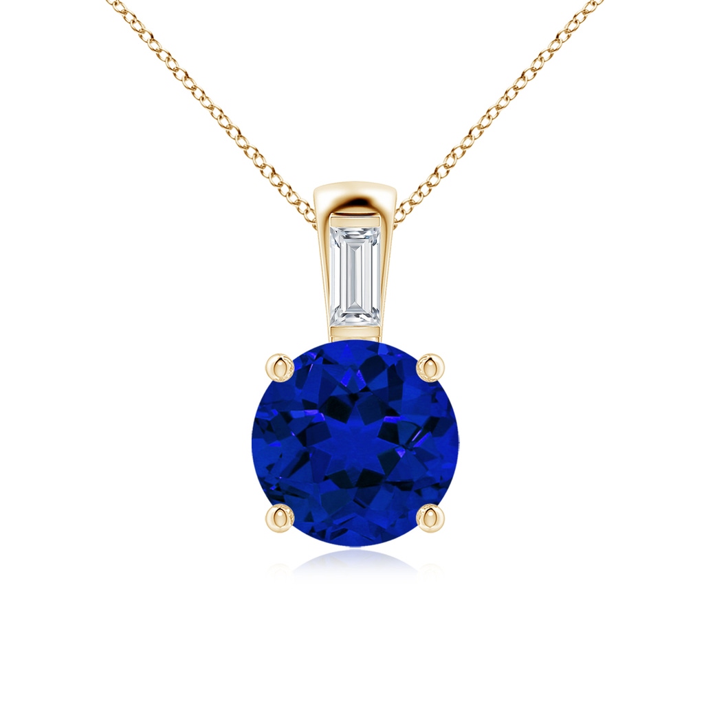8mm Labgrown Lab-Grown Round Blue Sapphire Pendant with Lab Baguette Diamond in Yellow Gold