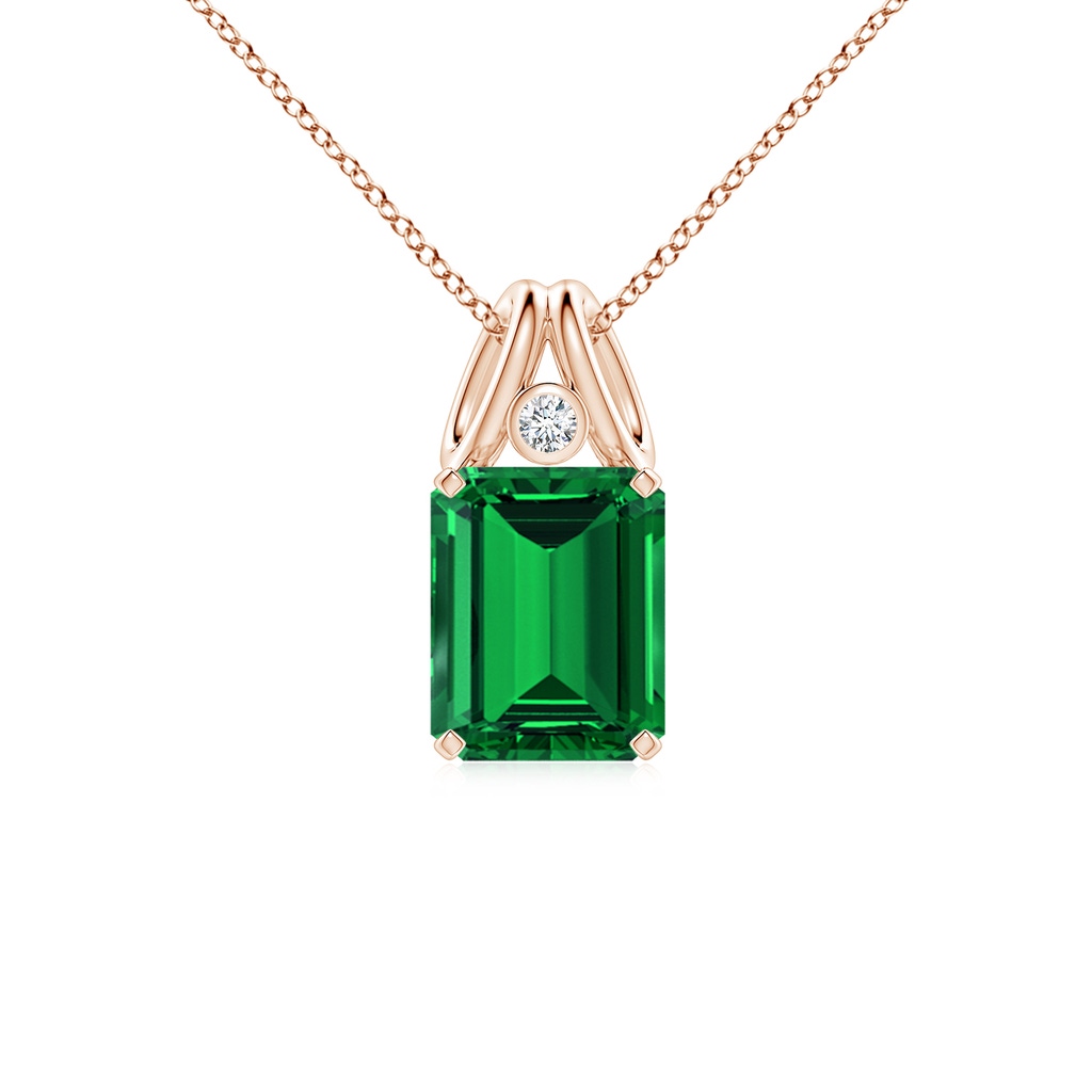 10x8mm Labgrown Emerald-Cut Lab-Grown Emerald Pendant with Diamond in Rose Gold