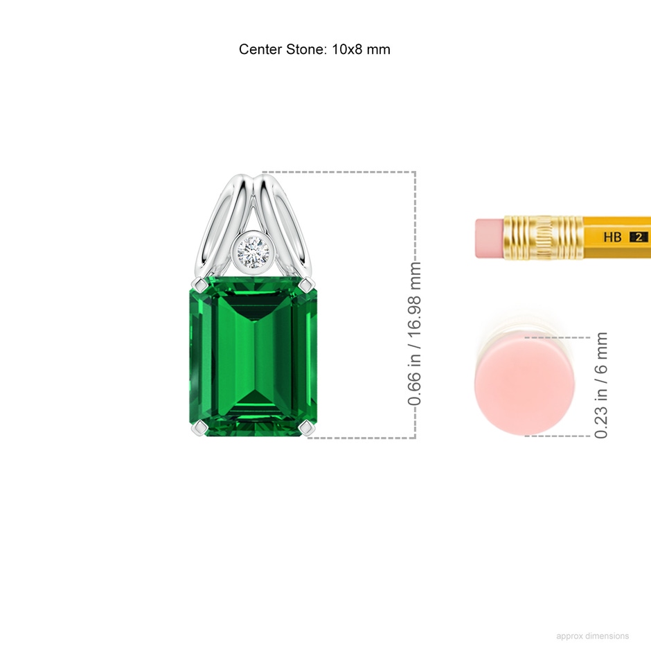 10x8mm Labgrown Emerald-Cut Lab-Grown Emerald Pendant with Diamond in White Gold ruler