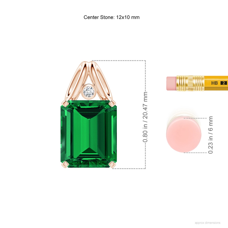 12x10mm Labgrown Emerald-Cut Lab-Grown Emerald Pendant with Diamond in 18K Rose Gold ruler