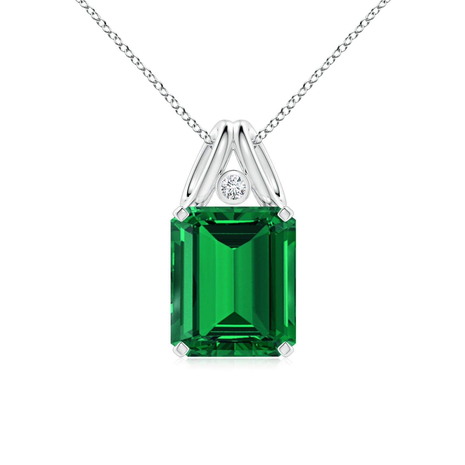 12x10mm Labgrown Emerald-Cut Lab-Grown Emerald Pendant with Diamond in 18K White Gold