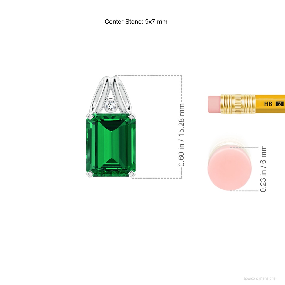 9x7mm Labgrown Emerald-Cut Lab-Grown Emerald Pendant with Diamond in White Gold ruler