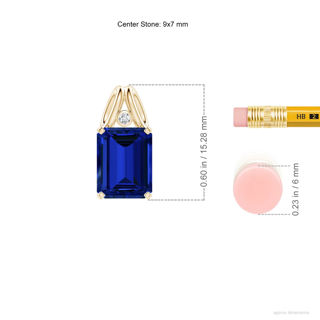 9x7mm Labgrown Lab-Grown Emerald-Cut Blue Sapphire Pendant with Lab Diamond in Yellow Gold ruler