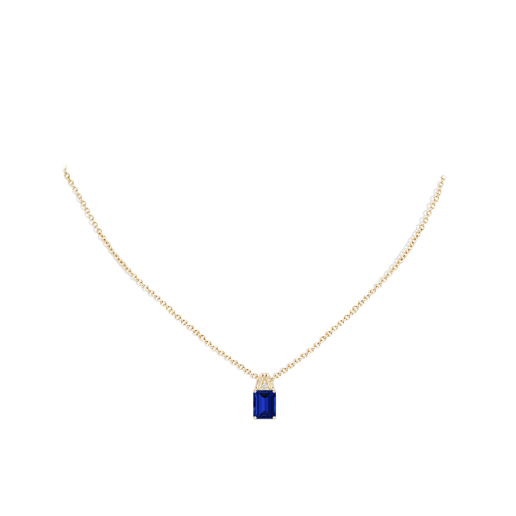9x7mm Labgrown Lab-Grown Emerald-Cut Blue Sapphire Pendant with Lab Diamond in Yellow Gold pen