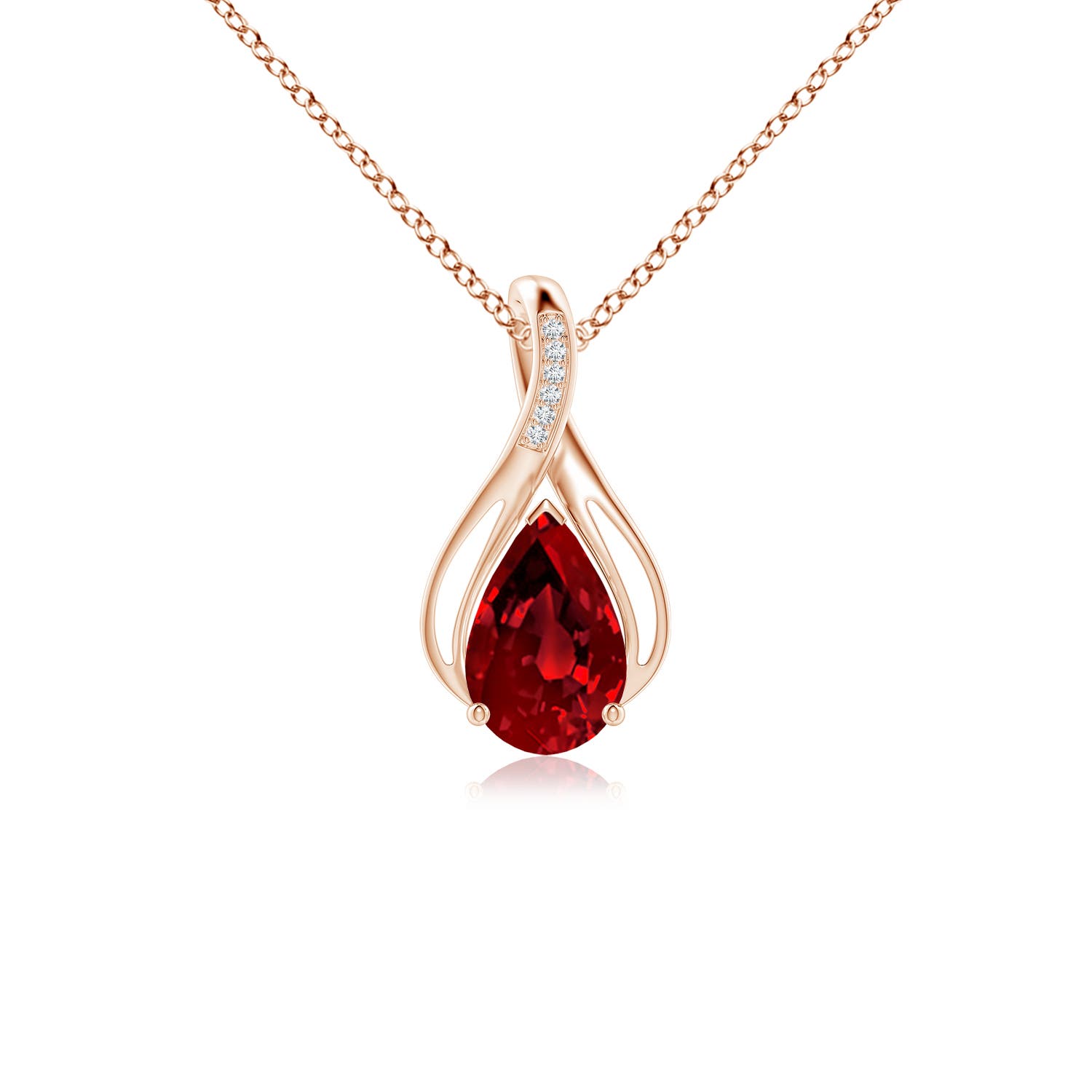 10x8mm Labgrown Pear Lab-Grown Ruby Infinity Twist Pendant with Diamonds in 18K Rose Gold
