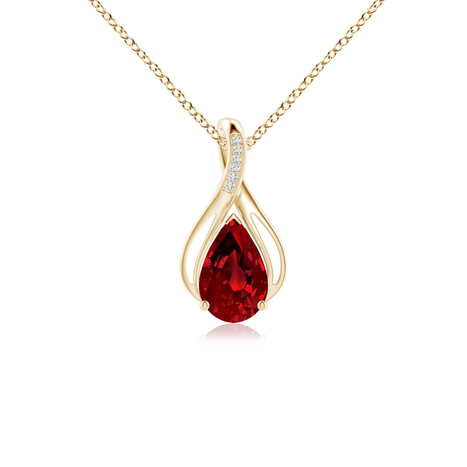 10x8mm Labgrown Pear Lab-Grown Ruby Infinity Twist Pendant with Diamonds in 18CT Yellow Gold