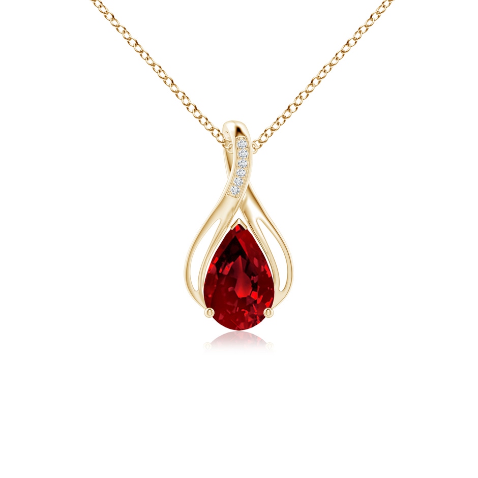 10x8mm Labgrown Pear Lab-Grown Ruby Infinity Twist Pendant with Diamonds in 18K Yellow Gold 
