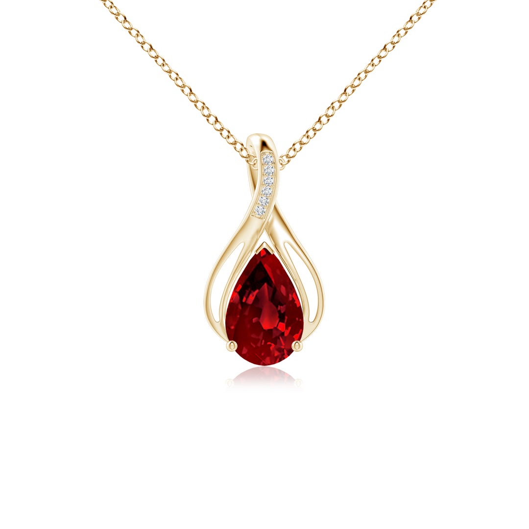 10x8mm Labgrown Pear Lab-Grown Ruby Infinity Twist Pendant with Diamonds in Yellow Gold