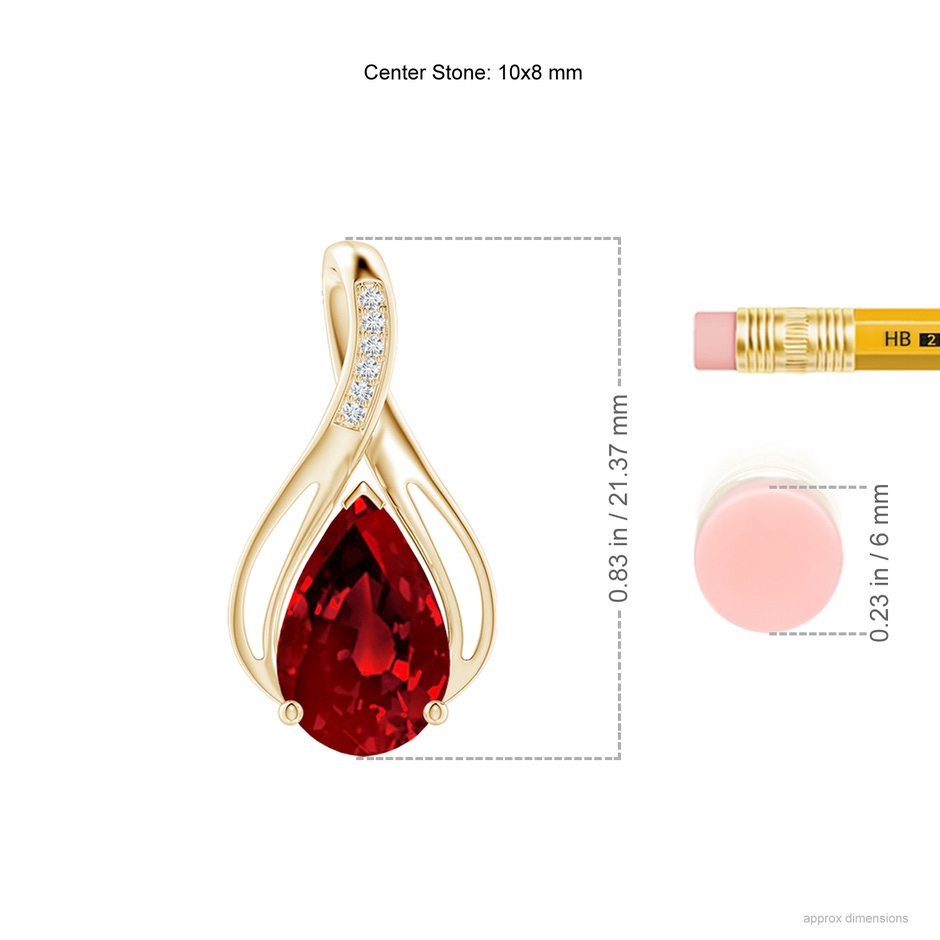 10x8mm Labgrown Pear Lab-Grown Ruby Infinity Twist Pendant with Diamonds in Yellow Gold ruler