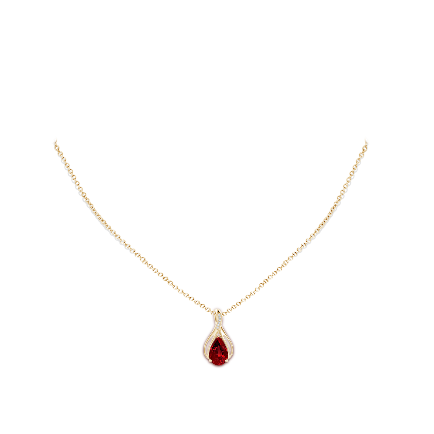 10x8mm Labgrown Pear Lab-Grown Ruby Infinity Twist Pendant with Diamonds in Yellow Gold - body_neck