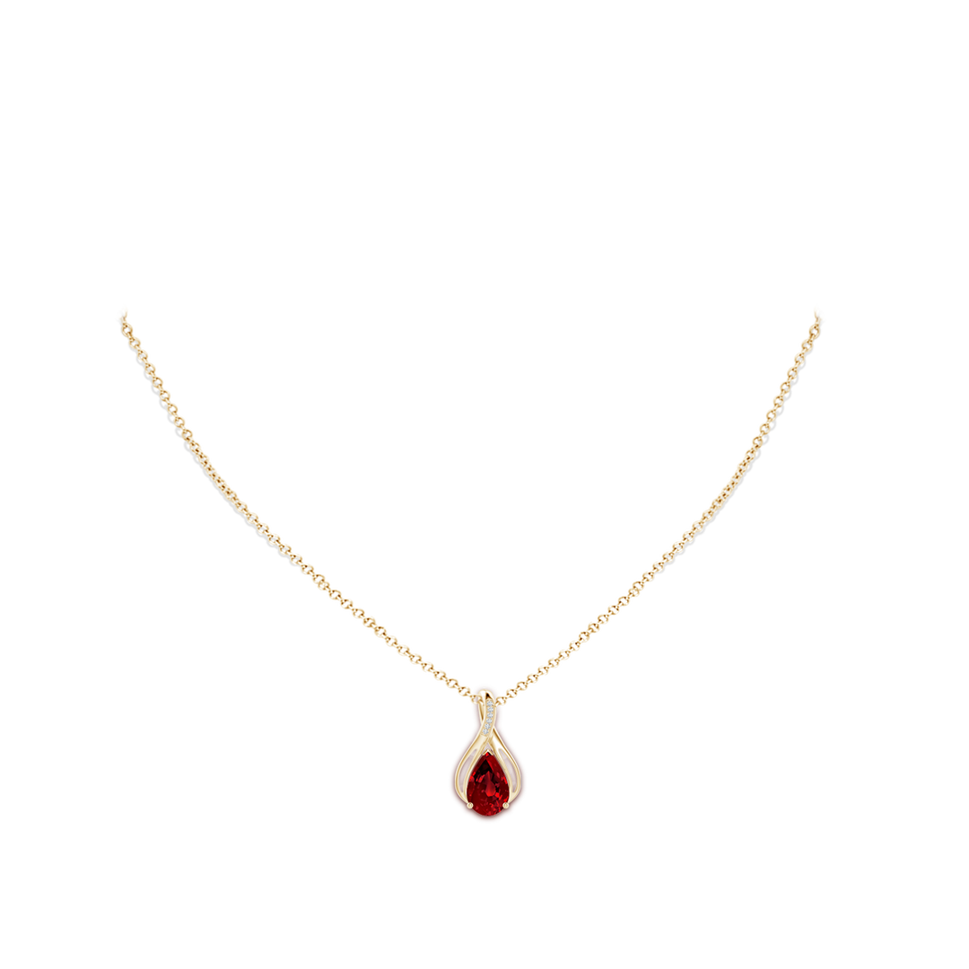 10x8mm Labgrown Pear Lab-Grown Ruby Infinity Twist Pendant with Diamonds in Yellow Gold - body_neck