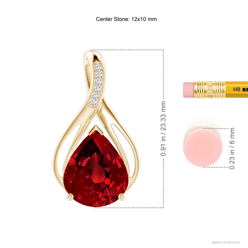 12x10mm Labgrown Pear Lab-Grown Ruby Infinity Twist Pendant with Diamonds in Yellow Gold ruler