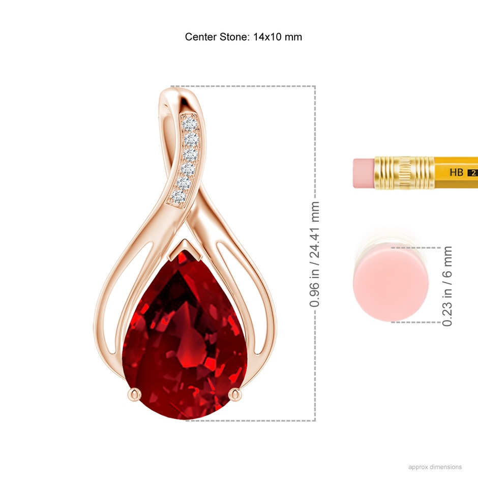 14x10mm Labgrown Pear Lab-Grown Ruby Infinity Twist Pendant with Diamonds in Rose Gold ruler