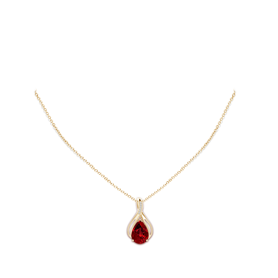 14x10mm Labgrown Pear Lab-Grown Ruby Infinity Twist Pendant with Diamonds in Yellow Gold pen