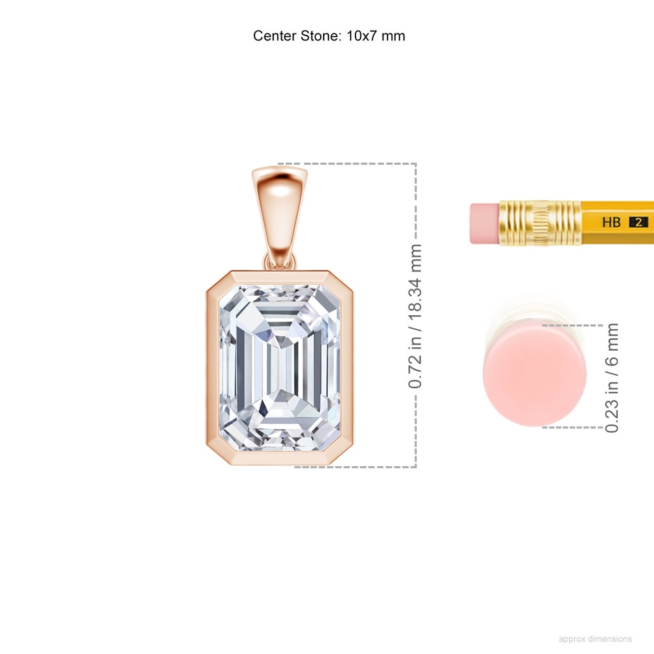 10x7mm FGVS Lab-Grown Bezel-Set Emerald-Cut Diamond Solitaire Pendant in Rose Gold ruler