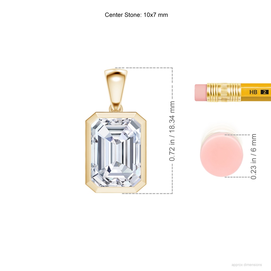 10x7mm FGVS Lab-Grown Bezel-Set Emerald-Cut Diamond Solitaire Pendant in Yellow Gold ruler