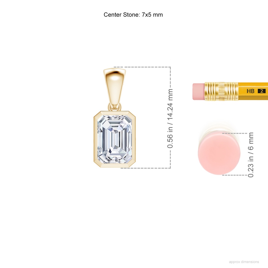 7x5mm FGVS Lab-Grown Bezel-Set Emerald-Cut Diamond Solitaire Pendant in Yellow Gold ruler