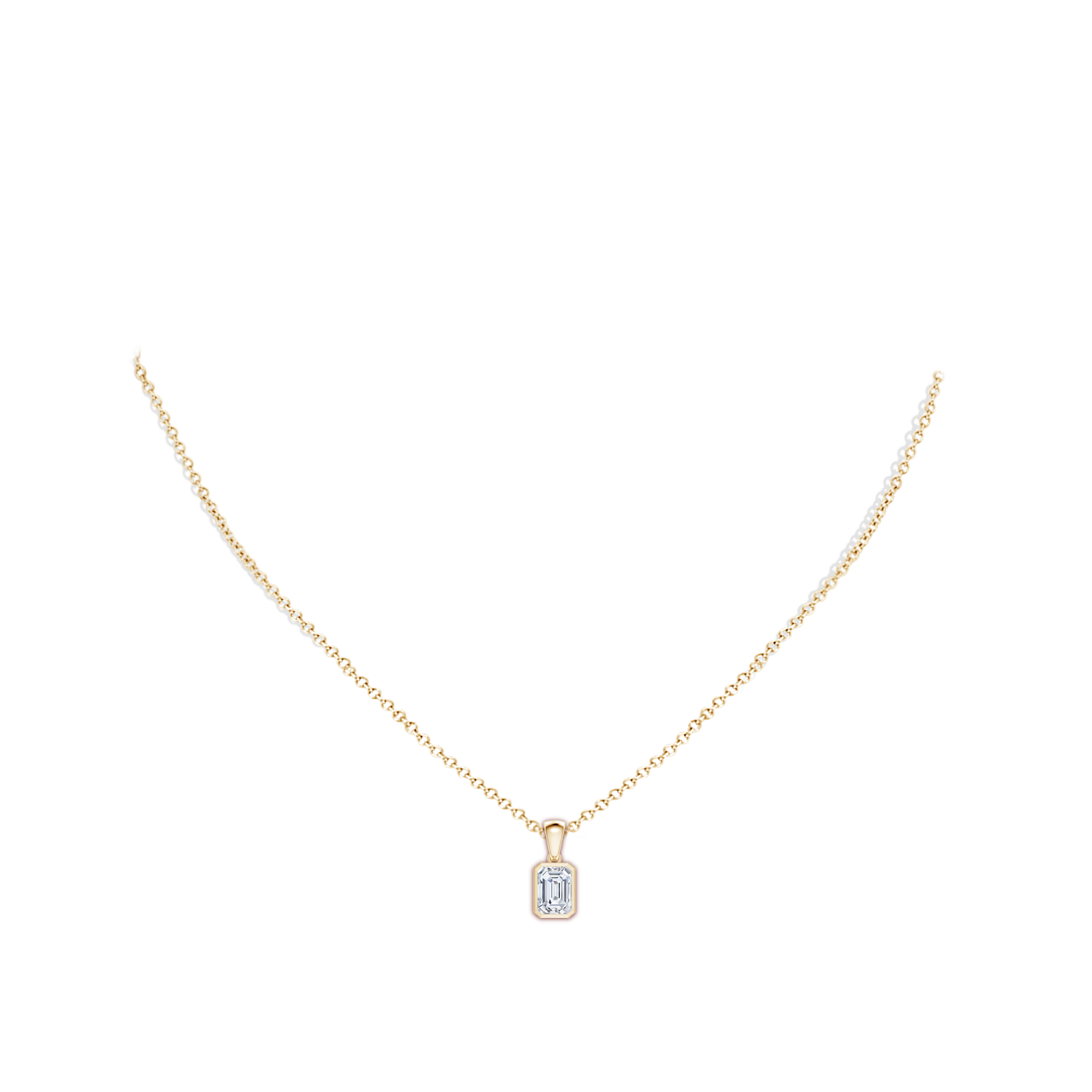 7x5mm FGVS Lab-Grown Bezel-Set Emerald-Cut Diamond Solitaire Pendant in Yellow Gold - body_neck